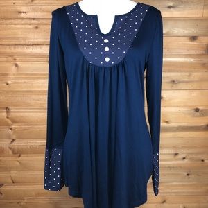 Long sleeve navy blue tunic polka dot trim